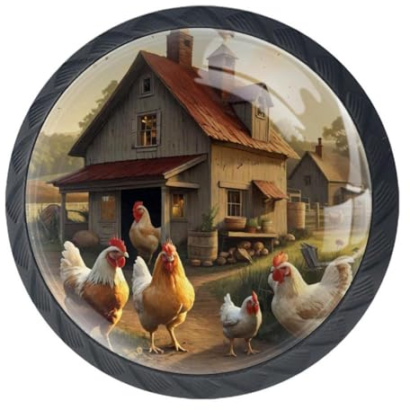 etoenbrc Schubladenknauf aus Glas, 35 mm, Sonnenuntergang, Bauernhof, Huhn, Schrankknäufe, Schubladengriffe für Küche, Badezimmer, Zuhause, Schrank, Kommode, Möbel, Wohnzimmer, Kleiderschrank,