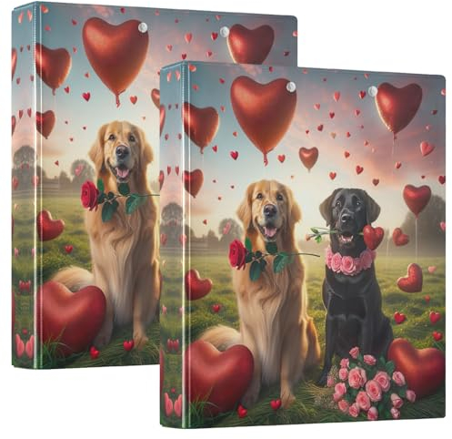 3,8 cm Ordner, 3 Ringe, 2 Stück, Valentinstag Hunde mit Herzen, drei Ringbinder, dekorativ mit rutschfestem Metallclip, D-Ringbuch für Arbeit, Schule, Büro