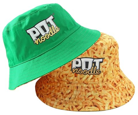Kimm & Miller Pot Noodle Bucket Hat - Unisex Womens & Mens Bucket Hat - Reversible Design - Great Novelty Gifts, Summer Festival Essential - Funny Hats in Green & Noodle Print