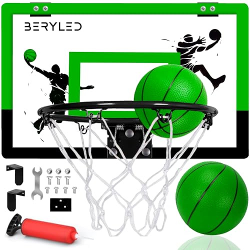 BERYLED Mini-Basketballkorb für drinnen und draußen, komplettes Kinderspiel mit 2 Bällen, Spielbrett mit Tür- oder Wandmontage, für Kinder, Mädchen und Erwachsene (grün)