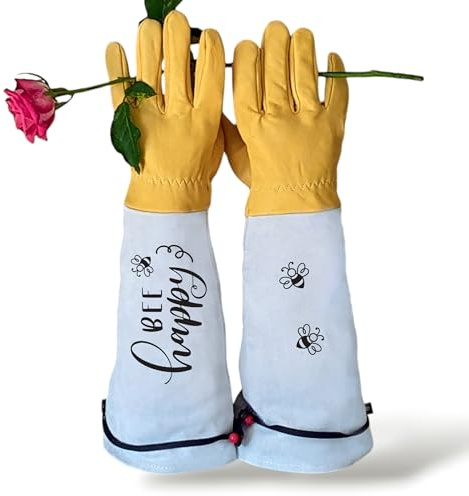 MyOma Rosenhandschuhe Bee happy aus Leder, Größe M, atmungsaktiv, dornenfest, langer Schaft, Stachelschutz vor Rosen, Kakteen und Himbeeren, festziehbarer Bund, dornenfeste Gartenhandschuhe