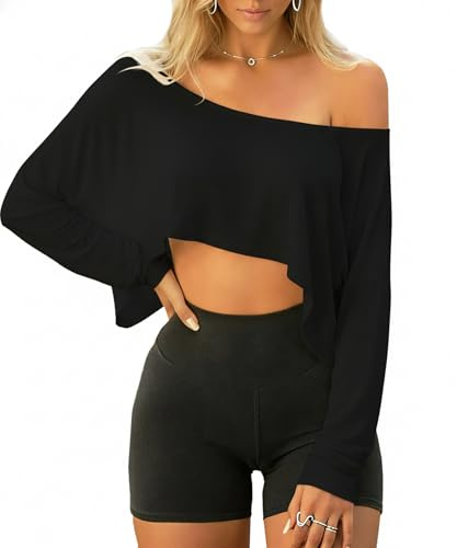 Navneet Women Off The Shoulder Tops Workout One Shoulder Top Sports Oversized T Shirts Long Sleeve Crop Top Going Out Basic Black M