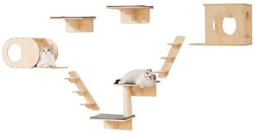 VEVOR Étagères Murales pour Chat, Lot de 7, Ensemble de Meubles Muraux avec Plateformes à Sauter, Charge 18,14 kg, Étagère Flottante d'escalade, Perchoirs Nids pour Chat pour Dormir, Jouer, Grimper