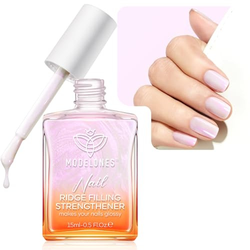Modelones Nail Care 8 in one Ridge Filling Strengthener Treatment, Nail Polish Strengthener for Damaged and Weak Nails, Nail Hardener Extra Strong and Growth Smoothing Base Coat Pearl Pink White 15ml
