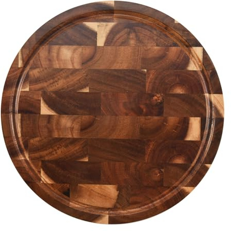 Jrifedptry Wood End Grain Cutting Board, Brown, 27.9 cm x 27.9 cm, Round, Solid Wood, Built-in Compartments & Handle, Meat, Vegetable, Fruit, Cheese
