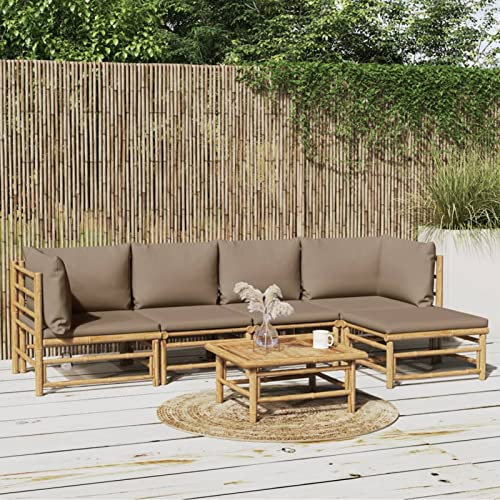 IKAYAA Gartenmöbel Set Bambus Garten Lounge Set Holz Lounge möbel Outdoor Holz Gartengarnitur Sofagarnitur Gartensofa Bambus mit Kissen-Taupe-6-tlg