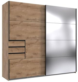 Schwebetürenschrank >Saigon< in Weiß mit Spiegeltür & schwarzen Griffen, 270 cm Breit, 208 cm Hoch, 64 cm Tief – Moderner Kleiderschrank mit 3 Türen, 6 Schubladen, 6 Einlegeböden, Made in Germany