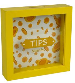 Salvadanaio a Cornice Decorativo, Giallo, 16x16 cm, Design con Monete e Scritta Tips