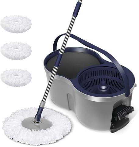 MASTERTOP Mocio Lavapavimenti e Secchio Strizzatore a Pedale, Mocio Microfibra con Manico Telescopico, Mocio Rotante 360° per Pulizia del Pavimento, con 3 Testinas