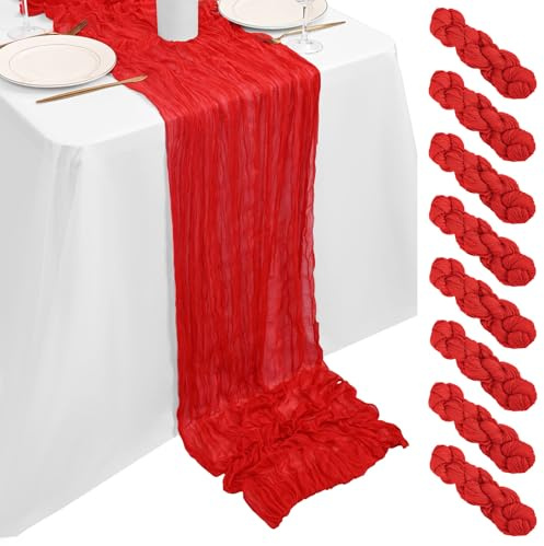 Showgeous 8 Stück Käsetuch Tischläufer Rot 90x300cm, Käsetuch Rustikaler Rot Rustikaler Gaze Stoff Transparent Boho Hochzeit Tischdekoration für Hochzeitsempfang Brautdusche Babyparty