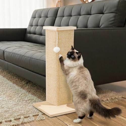 PETKARAY Eck-Kratzbrett für Katzen, 56 cm Hoher Kratzpfosten für Sofa und Wand, Sisal Kratzmatte, Möbel-Schutz mit Spielball, Klein