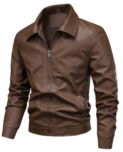 Générique Blouson Moto Homme Hiver Veste Cuir Blouson Col à Revers Vestes de Travail Jacket d'Extérieur Coat Classique Manteau Mode Bombers Color Unie Manteaux Minimaliste Hauts Brun M