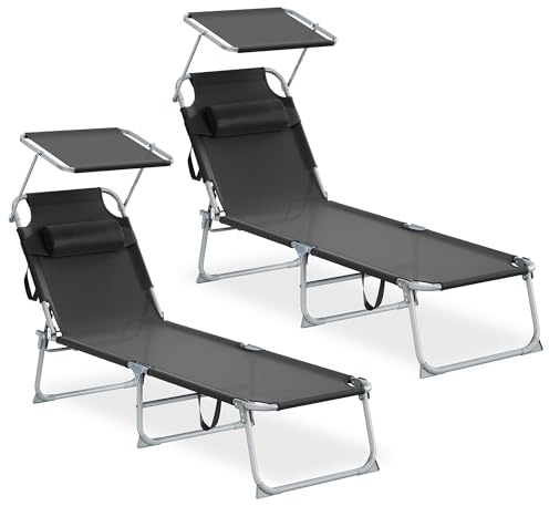 SONGMICS Set med 2 fällbara solstolar, nackstöd, 189 x 53 x 28,5 cm, trädgårdsstolar, varje stol tål 110 kg, justerbart solskydd och ryggstöd, för terrass, balkong, svart GCB292BZ02