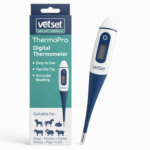 Thermomètre vétérinaire numérique pour chevaux, chiens, chats, bovins, bétail | Pointe flexible étanche | Lecture rapide et précise | Enregistre les 5 dernières températures | Temps de mesure 60