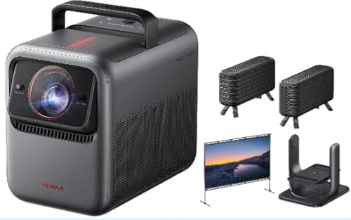 NEBLUA X1 Triple Laser 4K Beamer mit Kabellose Satellitenlautsprecher (2er-Pack) mit Gimbal-Ständer für Beamer mit 100 Zoll Leinwand mit Stativ, 3500 ANSI Lumen, 56000:1 Kontrast