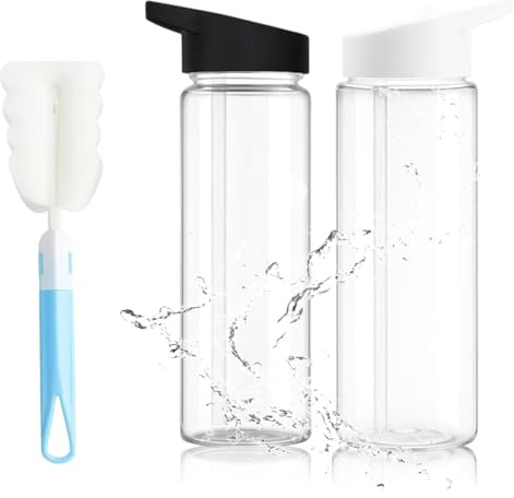 2 Pcs Clear Water Bottle With Straw and Flip-Top Lid, Plastic Water Bottle 750ml, Includes Blue Cup Brush, Leakproof Design for Gym Sports Gift for Students and Friends