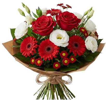 Red and White Fresh Flower Bouquet with Roses, Gerbera, Lisianthus, and Santini Design, for celebrating birthdays, anniversaries, weddings, get well, thank you,