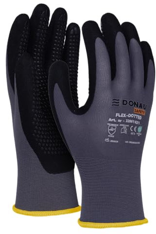 DONAU SAFETY Flex-Dotted Guanti da lavoro con impugnatura antiscivolo, taglia 08/M, 1 paio/grigio/nero/meccanico, guanti da montaggio/rivestito in nitrile leggero resistente all'olio, nylon