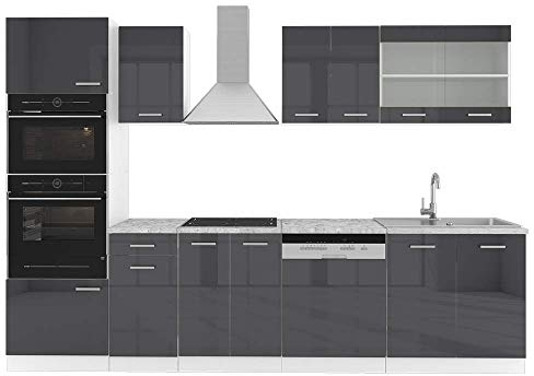 Vicco Küchenzeile R-Line, Anthrazit Hochglanz/Weiß, 300 cm mit Hochschrank, ohne Arbeitsplatte