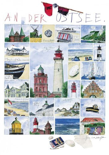 empireposter Gerke, Sabine - An der Ostsee - Kunstdruck Artprint Zeichnung Leuchtturm - Grösse 50x70 cm + 2 St Posterleisten Holz 61 cm