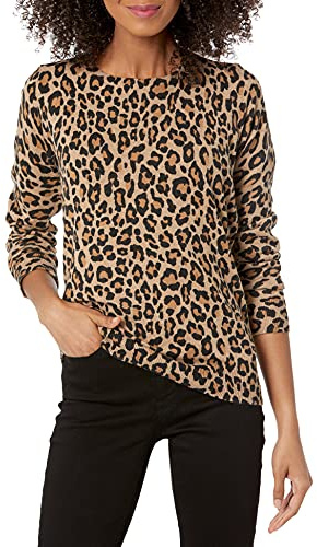 Amazon Essentials långärmad lätt tröja med rund hals (finns i plusstorlek), kamel gepard, liten