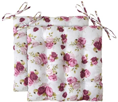 wometo 2er Set Landhaus Sitzkissen Rosen 40x40 Oeko-TEX rosa pink weiß | gesteppte Sitzpolster / Stuhlkissen mit Steppung mit Bändern für Indoor und Outdoor, drinnen und draußen nutzbar