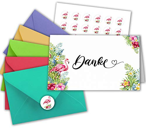 75 Faltkarten-Sets Danke DIN A6 - Weiß mit Motiv Flamingo - mit Briefumschlägen DIN C6 in verschiedenen Farben inkl. runde Motiv-Etiketten