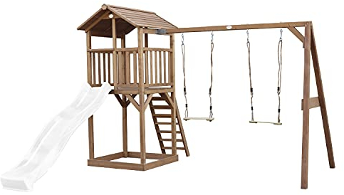 AXI Beach Tower parco giochi in legno in marrone | Torre di gioco con sabbiera, doppia altalena e scivolo bianco | Casa per bambini su palafitte per il giardino
