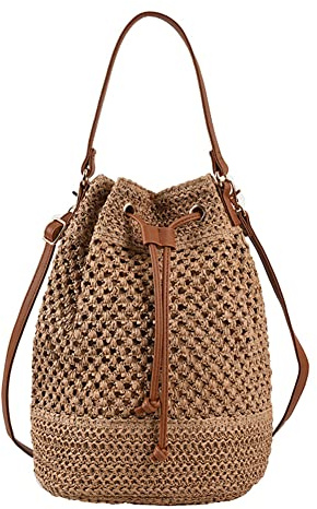 popyes Sac de Paille Femme Sac à Bandoulière en Paille à cordon de serrage Sac de Plage Femme Paille Elégant Sac Seau Femme Bandouliere Sangle Réglable pour Vacance et Voyage