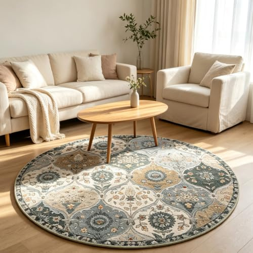 kyaoayo Runder Vintage Boho Teppich - Waschbar, Kurzflor, rutschfest für Esszimmer Schlafzimmer - In & Outdoor Modern Mandala Bedruckt (Grau, Durchmesser 160CM)