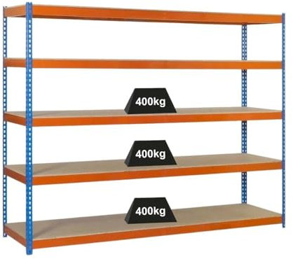 PROREGAL Schwerlastregal Big Wood YETI Five | HxBxT 200x150x60cm | Fachlast 400kg | Blau-Orange | Regal Standregal Werkstattregal Lagerregal Kellerregal