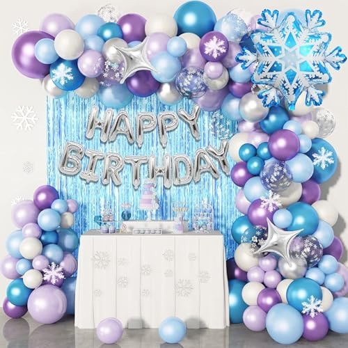 Newthinking Frozen Balloons Arch Garland Kit, Metallic Blue Purple Silver Balloons with Happy Birthday Snowflakes Foil Balloon, for Girls Birthday Baby Shower Winter Snow Party Decorations (Frozen)