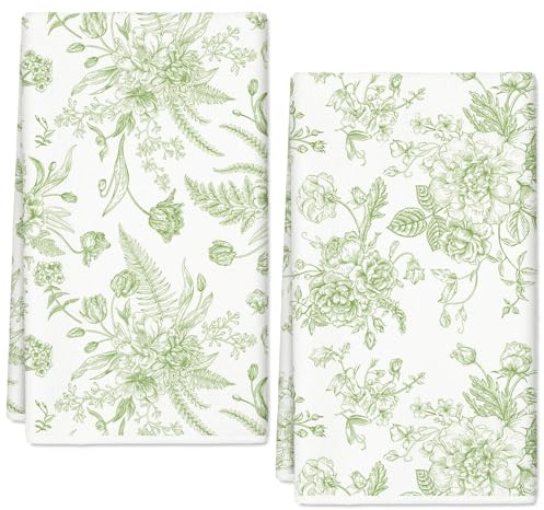 JarThenaAMCS Green Flower Kitchen Towel Vintage Floral Dish Towel 18 x 28 Inch Hand Drying Tea Towel for Cooking Baking Party Supplies, 2Pcs