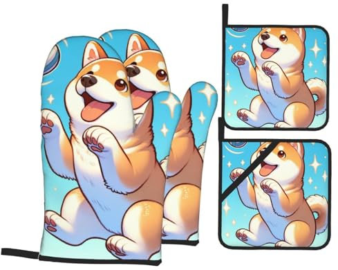 4 Pezzi Guanti da Forno E Set di Presine Shiba Inu Playing Ball Guanti da Forno A Microonde Resistenti Guanti da Cucina Divertenti Cucina Guanti per Campeggio, Grill, Cucinando