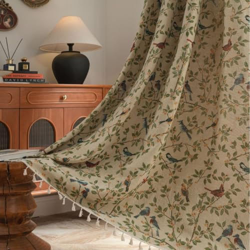 SASIGAYA Beige Vorhänge Boho Vintage Äste und Vögel Bestickte Vorhang 150×160cm Landhausstil Baumwolle Leinen Verdunklungen Gardinen mit Quasten Stabtaschenvorhänge für Schlafzimmer Wohnzimmer 2 Stück
