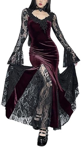 IBAKOM Abbigliamento Medievale da Donna, Vintage, Gotico, Abito da Rinascimento, Steampunk, Festival, Rave, Outfit, Abito in Vellut, Abito in Pizzo, Abito da Sera, Abito da Vampiro, Cosplay, Costume