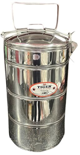REGRO TIGER 14” Stainless Steel Tiffin Box – 4-Tier Lunch Carrier, Leakproof & Durable, Ergonomic Handle, Portable & Lightweight for Office, School, Travel (Stainless Steel Tiffin 3 Box)