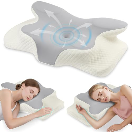 OSDUE Coussin Oreiller Ergonomique, Cervical Confortable SOYA Oreiller Memoire Forme Cervicales Douloureuses Soulagement Convient au Dormeurs sur Cou Côté Dos et Ventre, Gris Clair