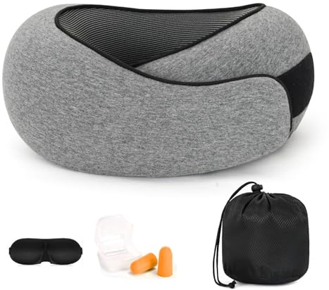 Purecas 360° Memory Foam Travel Pillow for Adults | Adjustable Neck Support for Long Flights, Train & Car Journeys | Includes Carry Case, Eye Mask & Ear Plugs for Complete Travel Comfort(Light Grey)