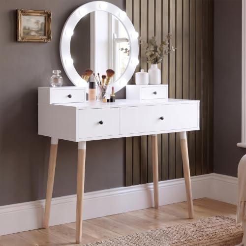 Blisswood Dressing Table with Led Light & Round Mirror, White Vanity Table with 2 Drawer & 2 Cupboard, 3 Colour Adjustable Brightness Mirror, Modern Make Up Desk For Bedroom & Perfect Girls Gift