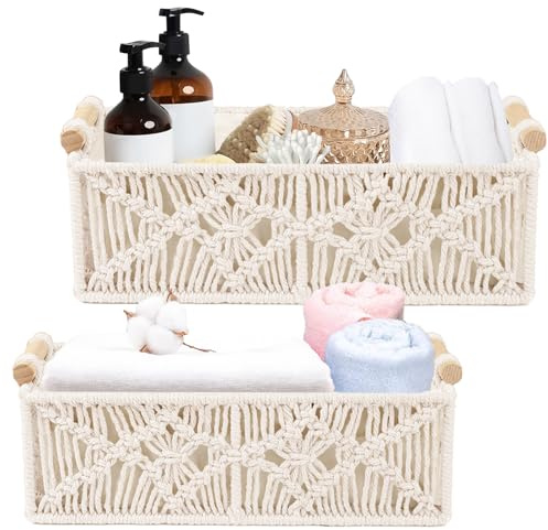 Gachiwar Lot de 2 paniers de rangement en macramé faits à la main - Décoration bohème - Boîte tissée à la main avec poignée - Panier de rangement tressé pour salle de bain, chambre à coucher, salon
