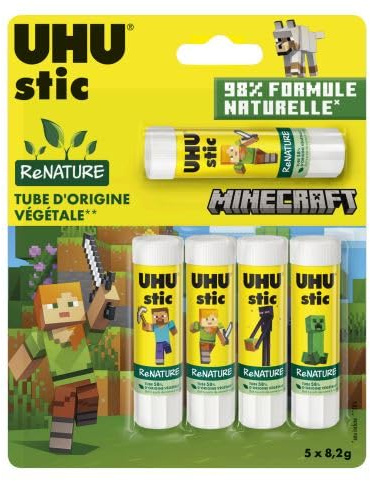 UHU Stic ReNATURE Minecraft – Lot de 2 packs (2 x 5 bâtons = 10 x 8,2 g) – 98% formule naturelle – Tubes 58% d’origine végétale – Colle papier, carton, photos – Édition scolaire
