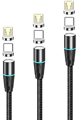 N. NETDOT 12th Generation Magnetisches Ladekabel,[3 Pack,1m/1.5m/2m] Schnellladung und Datenübertragung für Micro-USB,USB-C Smartphones Kommen Sie mit 6 Anschlüssen - schwarz