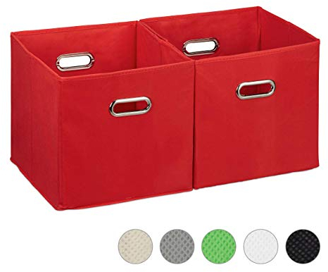 Relaxdays Aufbewahrungsbox 2er Set, Regalkorb ohne Deckel, mit Griff, faltbar, Stoffbox quadratisch, 30 cm, rot