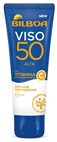 Bilboa Solar ansiktskräm med högt skydd SPF 50, kräm med C-vitamin, lätt textur, anti-aging och fläckskydd, fuktgivande kräm, icke-unge, vattentåligt skydd, 50 ml