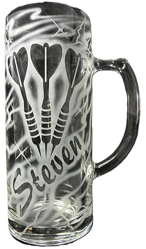 Bierkrug 0,5 l mit Gravur Dart Dartpfeile Dartlogo und Name personalisiert Glas Krug Bierglas Bierseidel Glaskrug individuell Geschenk