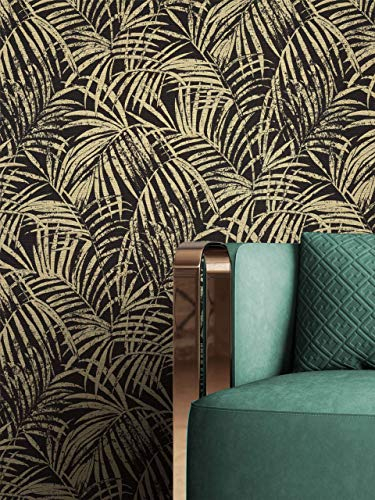 NEWROOM Tapete Schwarz Gold Vlies Dschungel Palmenblätter - Tropisch Modern Floral für Wohnzimmer Schlafzimmer