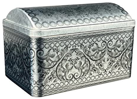 MediMuc Cofre del tesoro – Preciosa lata de plata nostalgiedose con adornos integrados – Tarro para galletas – Dimensiones: (largo x ancho x alto): 16,0 x 10,6 x 10,3 cm – Volumen aprox. 1,7 l