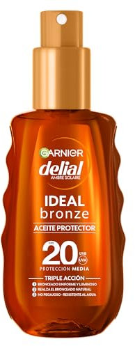 Garnier Delial Ideal Bronze Aceite Protector Bronceador en Spray. Protección Media FPS 20. Bronceado uniforme y luminoso. Realza el bronceado natural. Resistente al agua, arena y sudor. 150 ml