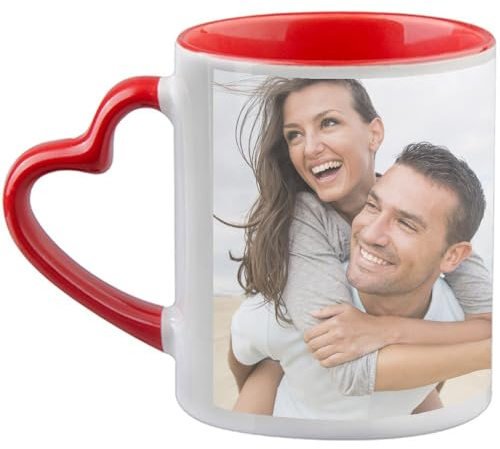 Ocadeau Mug personnalisé photo avec anse cœur et intérieur rouge – Tasse céramique blanche avec anse cœur rouge – Idée cadeau femme, homme, noel, fête mères, st valentin